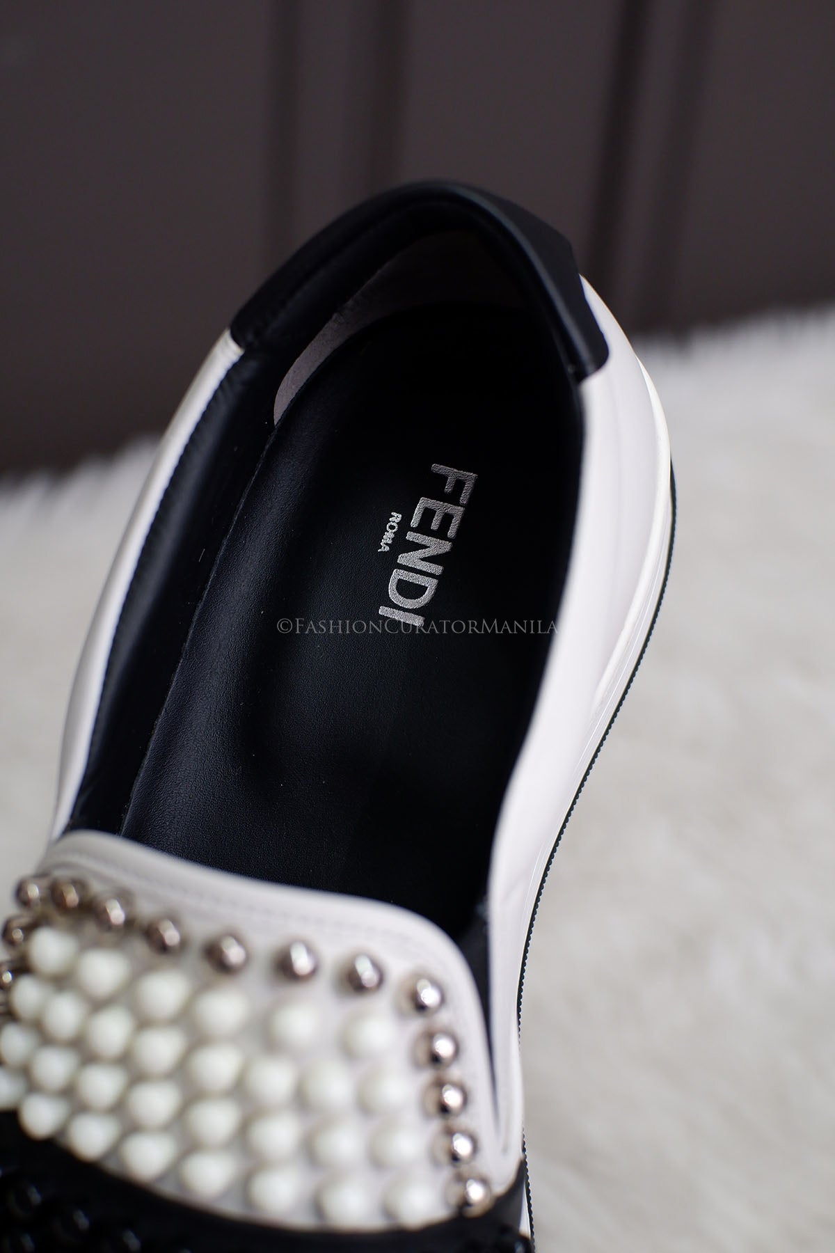 UNUSED FENDI KARLITO STUDDED LEATHER BLACK WHITE