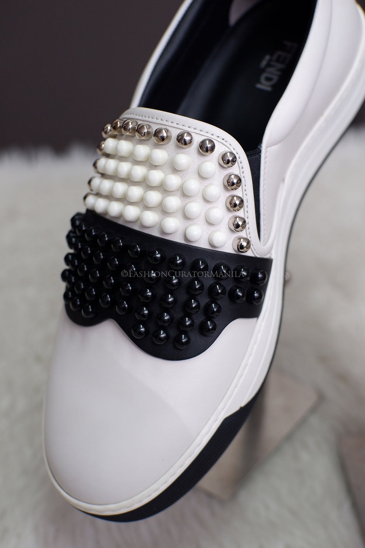 UNUSED FENDI KARLITO STUDDED LEATHER BLACK WHITE