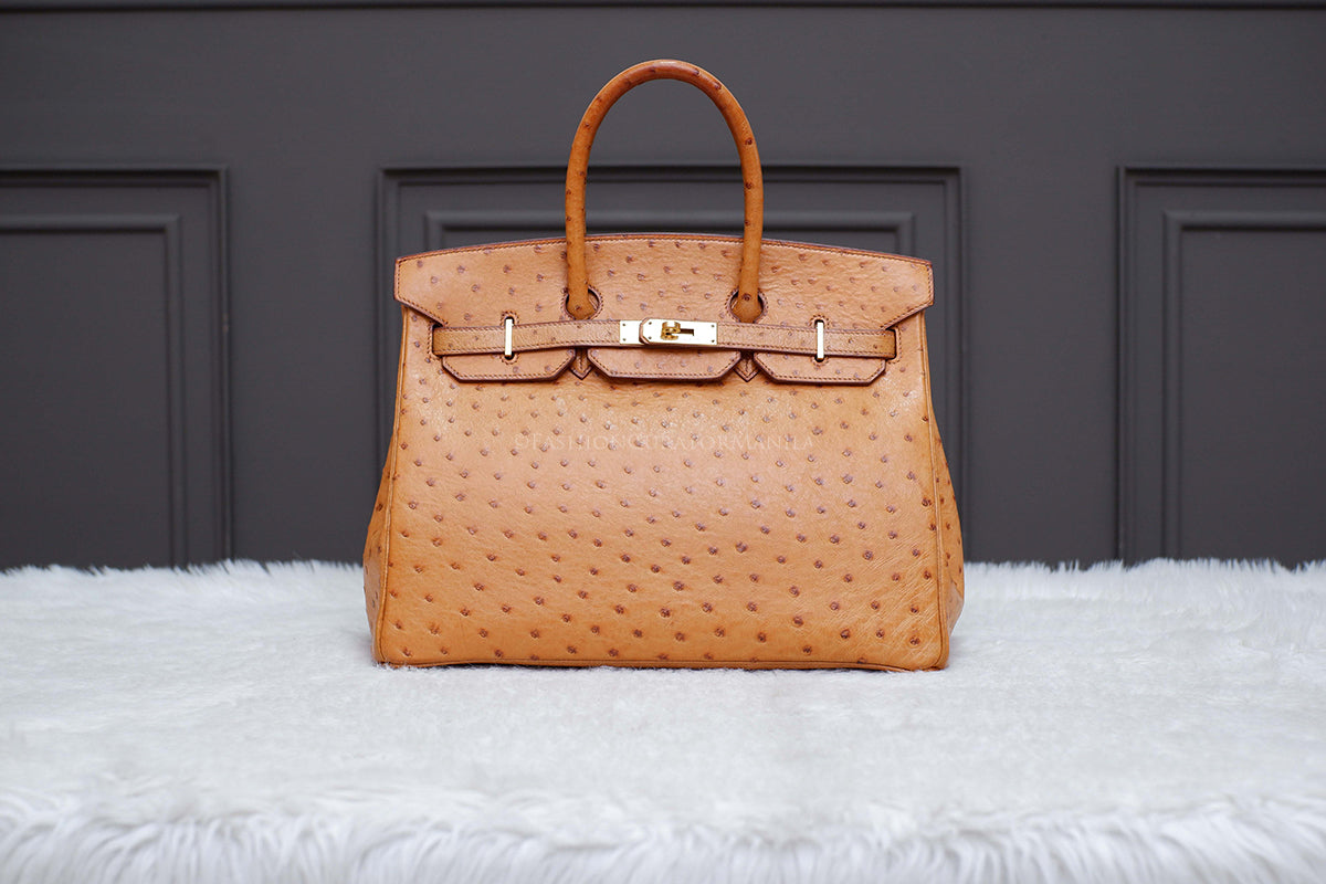 LIKE NEW HERMES BIRKIN 35 OSTRICH NOIR GOLD STAMP A SQUARE