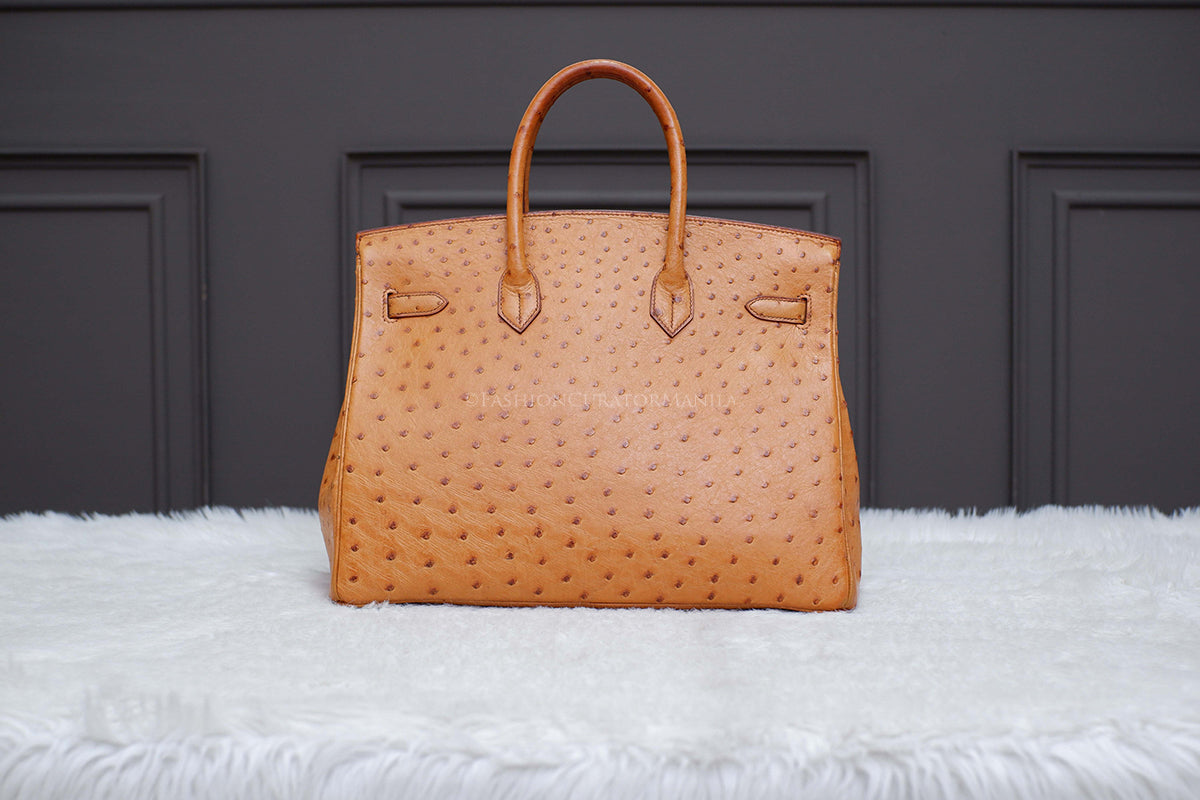 LIKE NEW HERMES BIRKIN 35 OSTRICH NOIR GOLD STAMP A SQUARE