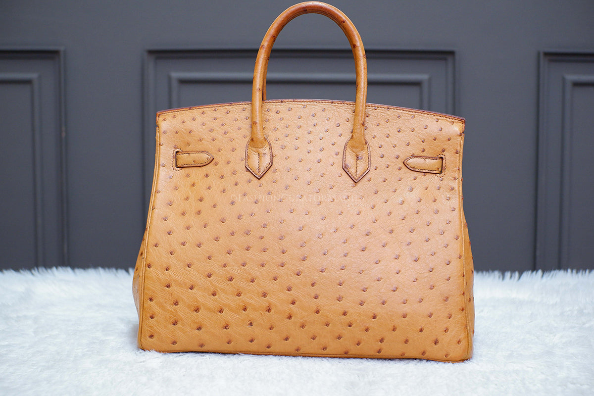 LIKE NEW HERMES BIRKIN 35 OSTRICH NOIR GOLD STAMP A SQUARE