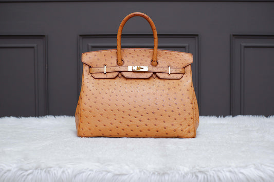 LIKE NEW HERMES BIRKIN 35 OSTRICH NOIR GOLD STAMP A SQUARE