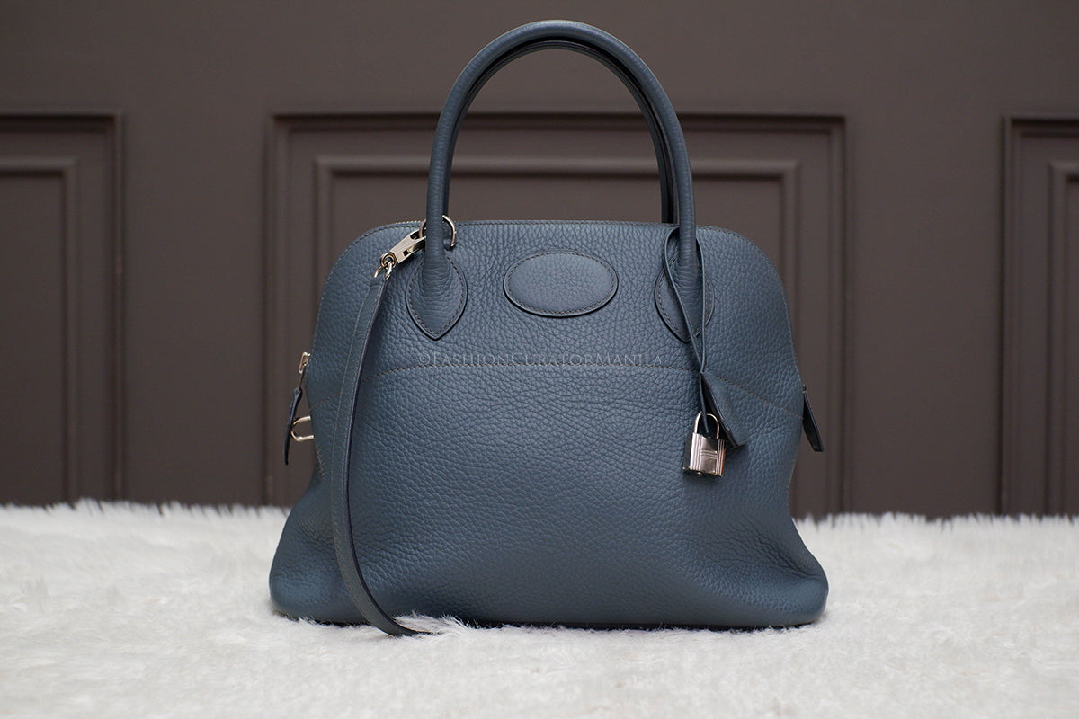 PRE-OWNED HERMES BOLIDE 31 BLUE SAPPHIRE STAMP O SQUARE